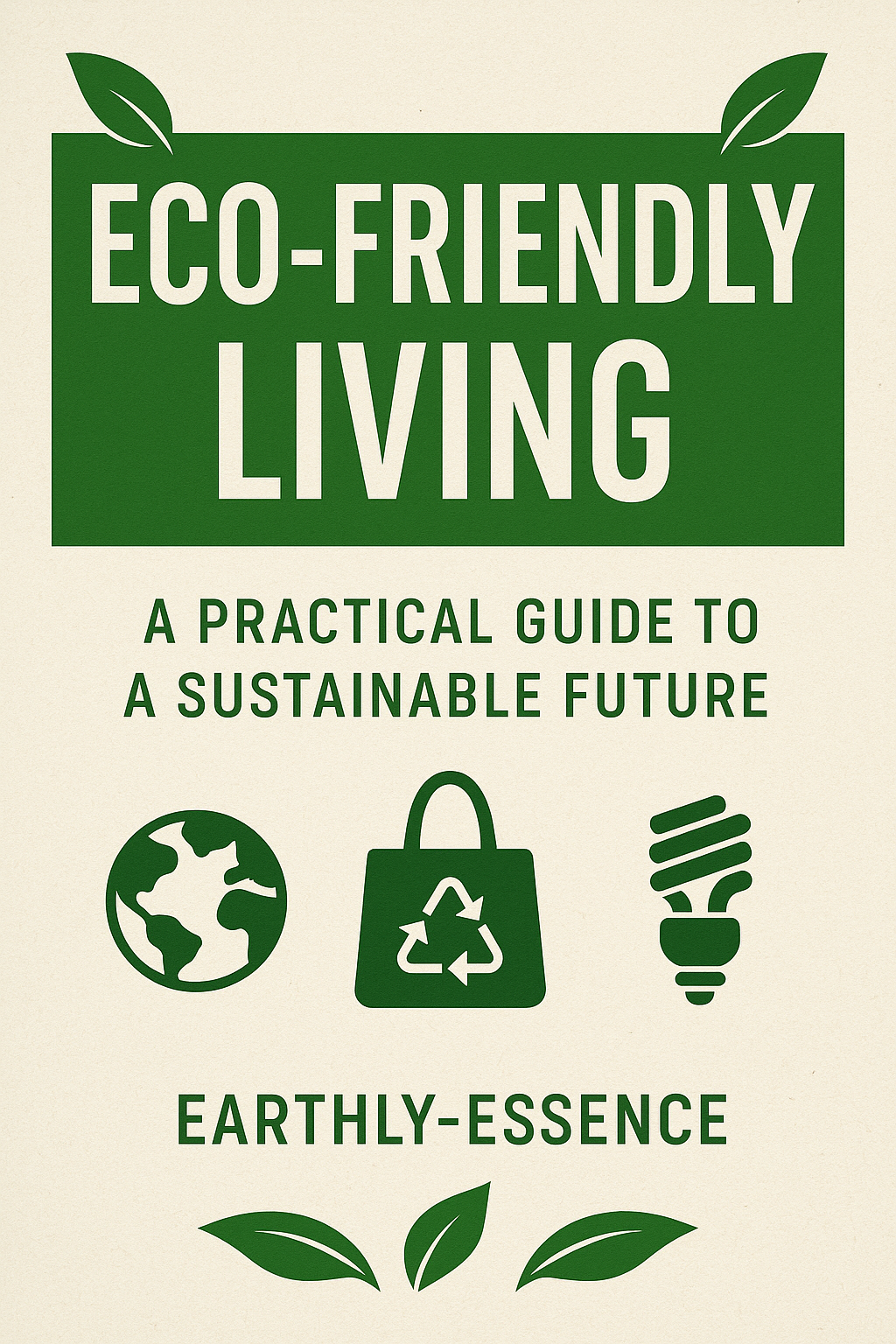 Eco-Friendly Living book cover with green icons of Earth, recycling bag, and light bulb by Earthly-Essence